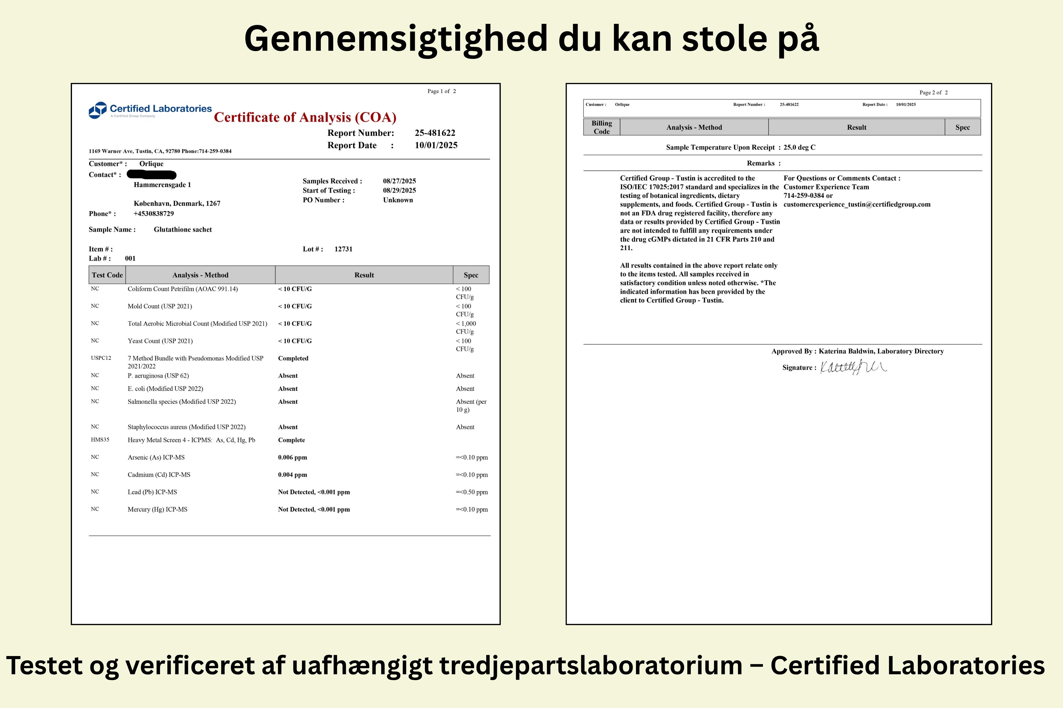 Two laboratory certification documents with text &